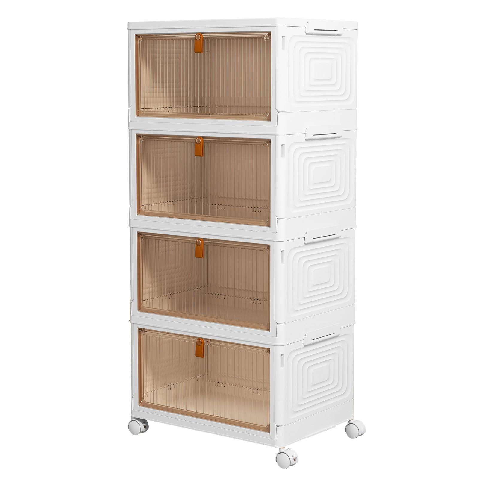e21dc3aa8b2a57363c0f378b90bd1dccb1fe7db94bd05d0ee79fa8661f26a794.jpg 4 Tier Plastic Storage Bins with Lids 23qt, Stackable Storage Containers with Wheels, Folding Storage Boxes, Collapsible Storage Bins, Closet - Image 1