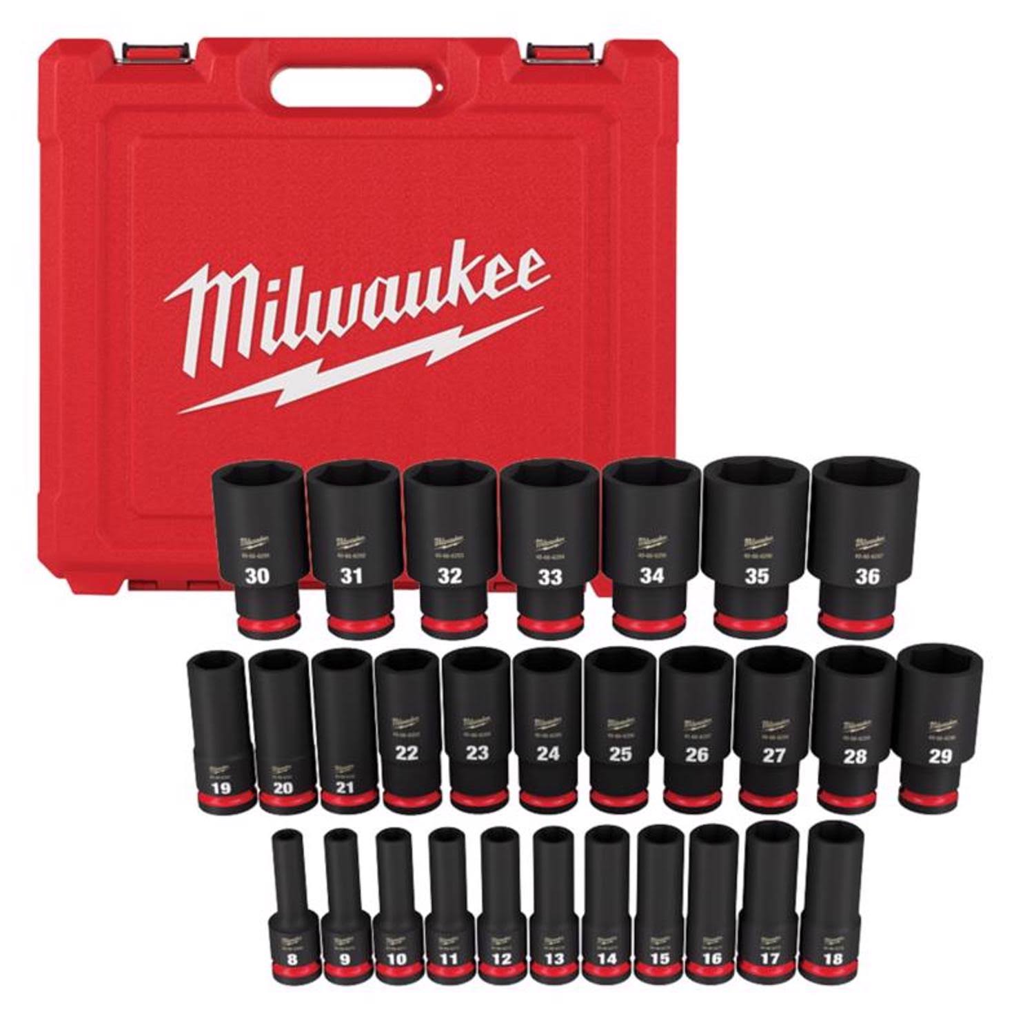 e23a168a1d24312c94481e75ca2112f0e07e3262c71b6e55a0f2da44d5267e13.jpg Milwaukee 49-66-7015 29 Piece 1/2" Drive Metric Deep 6 Point Shockwave Impact Socket Set - Image 1