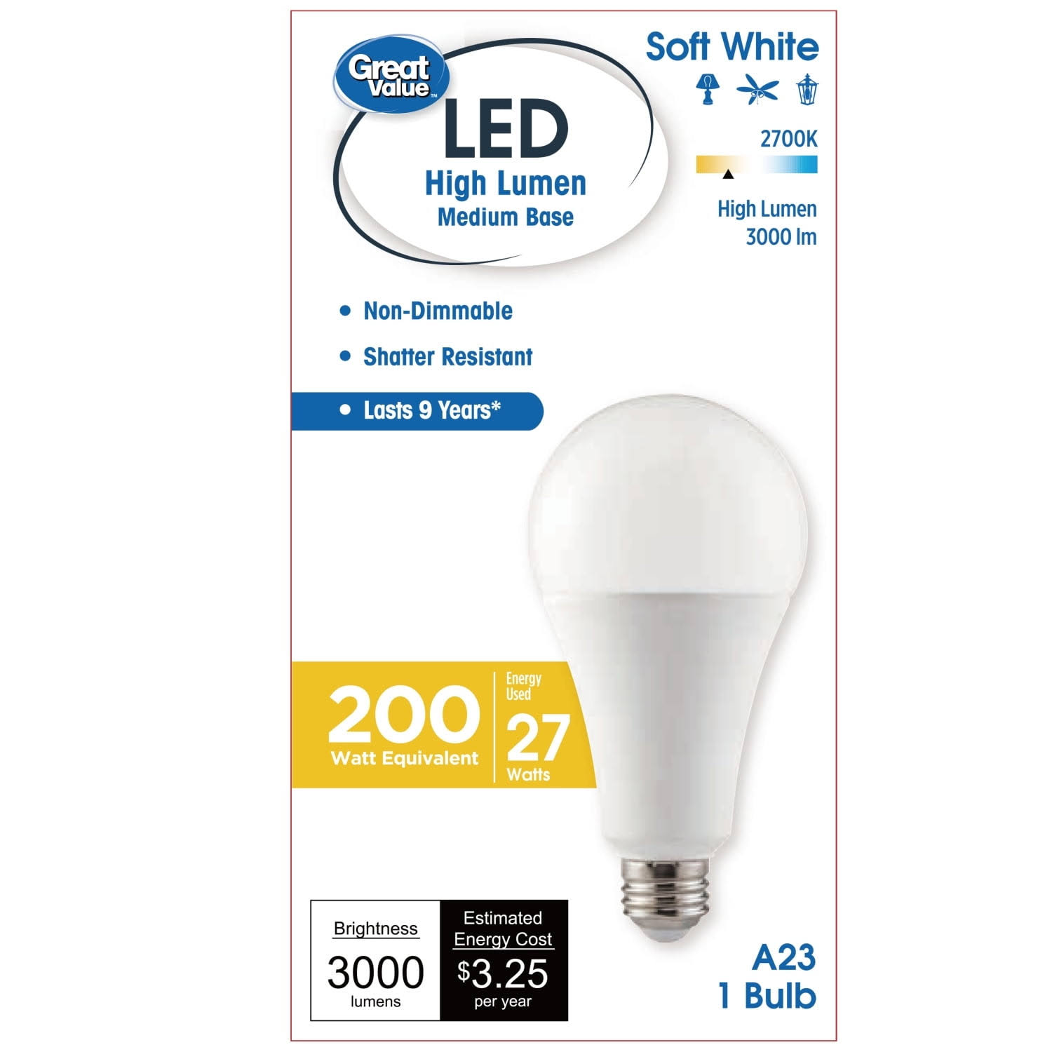 e2cc55267e43e22d01f9072ca671332fa0896009b2888f8eeb18d9842c5d65e8.jpg Great Value 200 Watt LED A23 Bulb, Soft White - 1 Each - Image 1