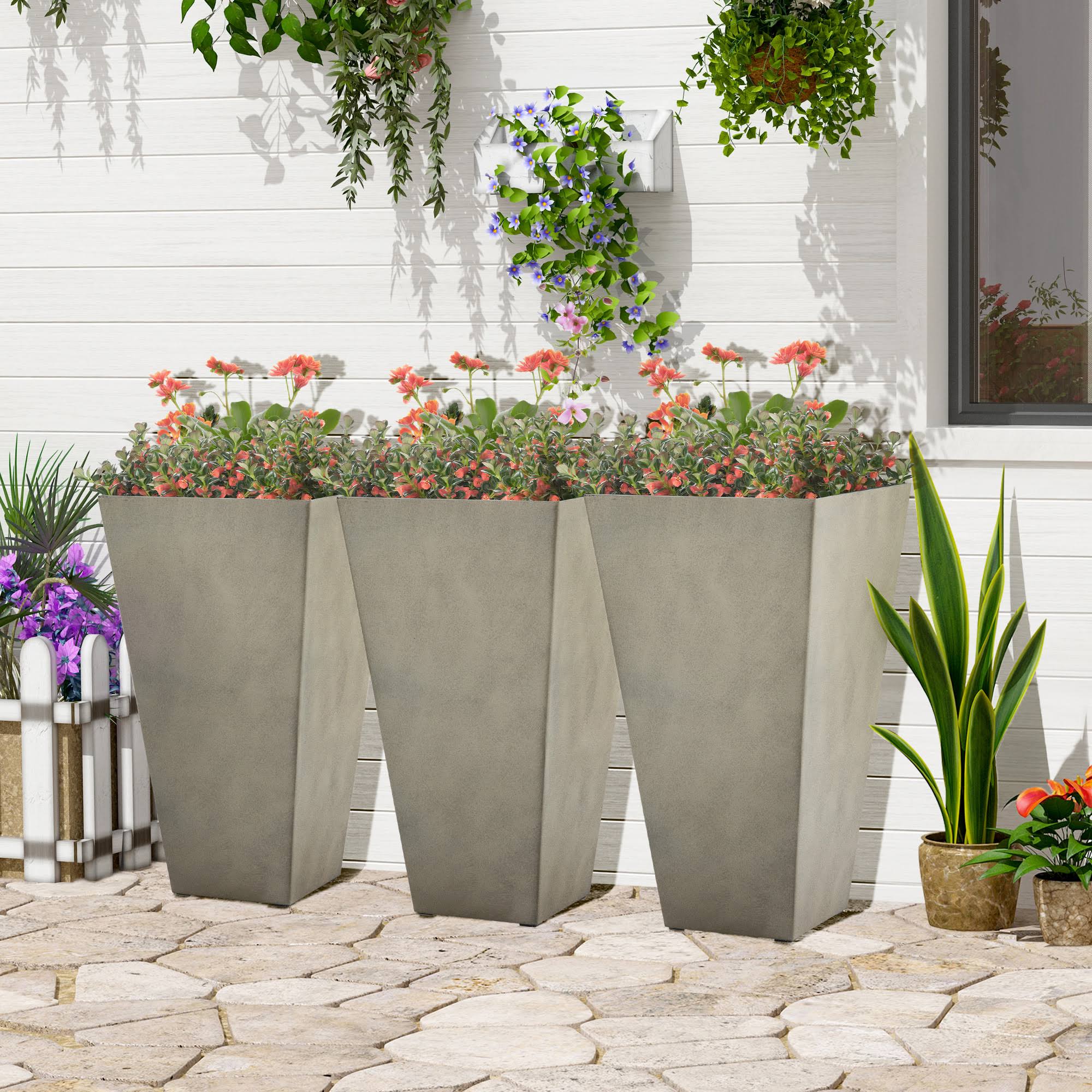 e3795342e59951ebc2710bdd8cba9da58db984e76e9308fb29a14f3383a30247.jpg Outsunny 28" Tall Plastic Flower Pot, Set of 3, Large Outdoor & Indoor Plastic Garden Planters, for Entryway, Patio, Yard - Grey - Image 1