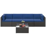 AECOJOY 5 Piece Outdoor Patio Furniture Set, Patio Wicker Sectional Furniture Chair Set, Black Rattan&Blue Cushion