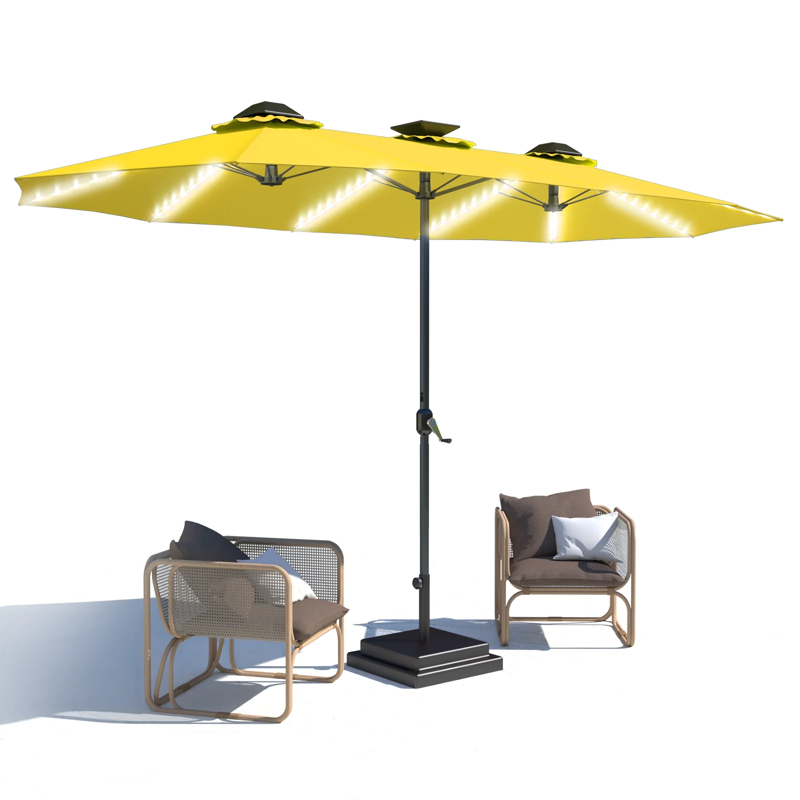 e3a0145daab288b4209fbbbbe0ecff8f3e824ae6dfbd649c33f3e382a6818493.webp AECOJOY 15ft Patio Double-Sided Umbrella, 156 PCS Solar LED Light Outdoor Large Umbrella, Yellow - Image 1