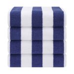 American Soft Linen, 100% Cotton 4 Pack Beach Towels, 30" x 60" Cabana Striped Pool Towels, Navy Blue