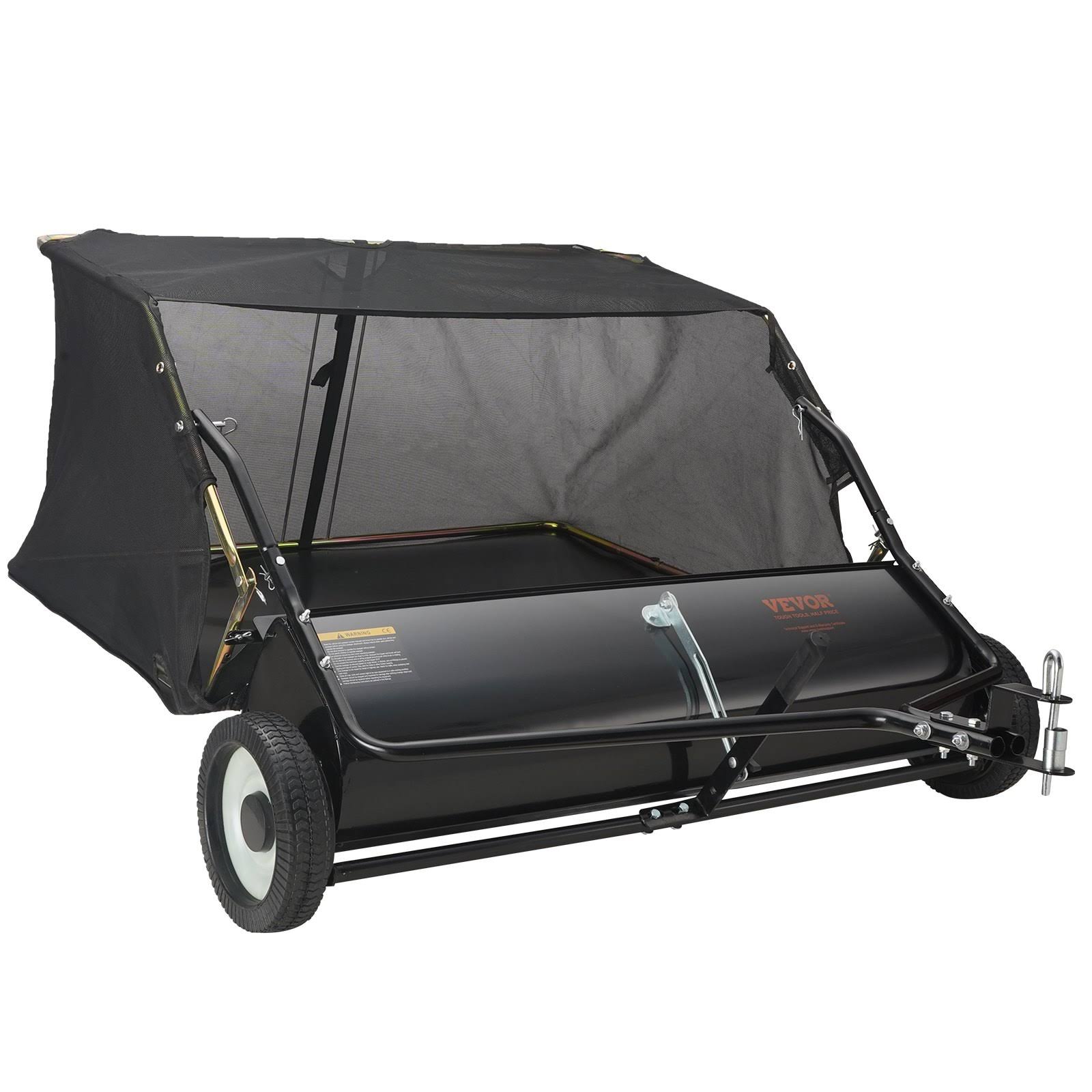 e3cfb38d0b1fe50e62c01cb394e5f71826d25a488eefbe8c9391feee47b033be.jpg VEVOR Tow Behind Lawn Sweeper 44 inch, 25 Cu. ft Large Capacity Heavy Duty Durable Leaf & Grass Collector with Adjustable Sweeping Height, Dumping - Image 1