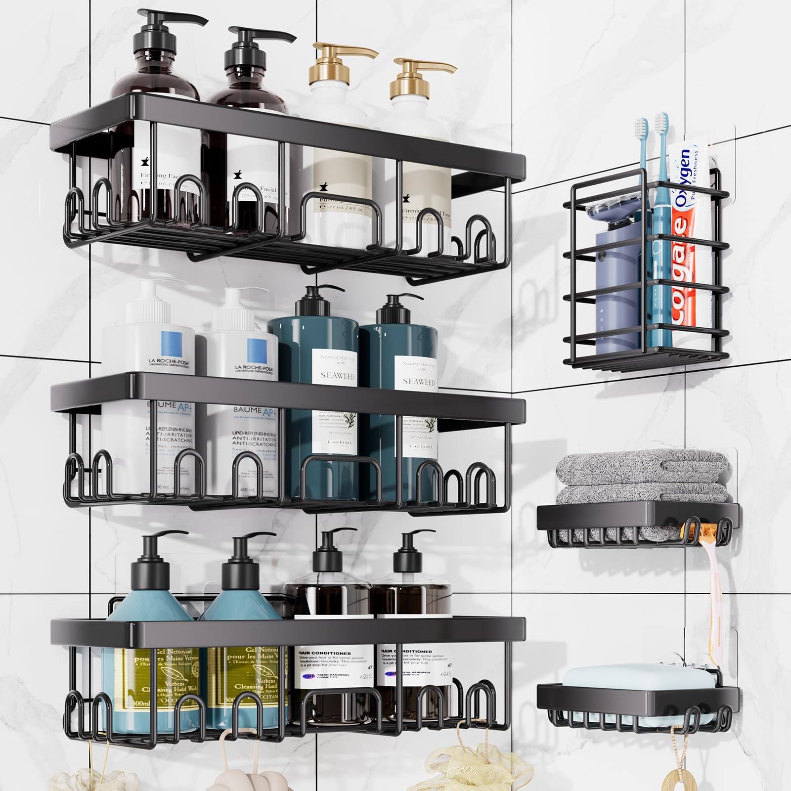 e3e8924fca49f10215603b1fbd82e4768f24107b33d75dc0f3a6cabecac8d43a.jpg Veken Shower Caddy 6 Pack,Adhesive Bathroom Shower Organizer for Bathroom Storage&Home Decor&Kitchen,No Drilling,Large Capacity, Rustproof St - Image 1