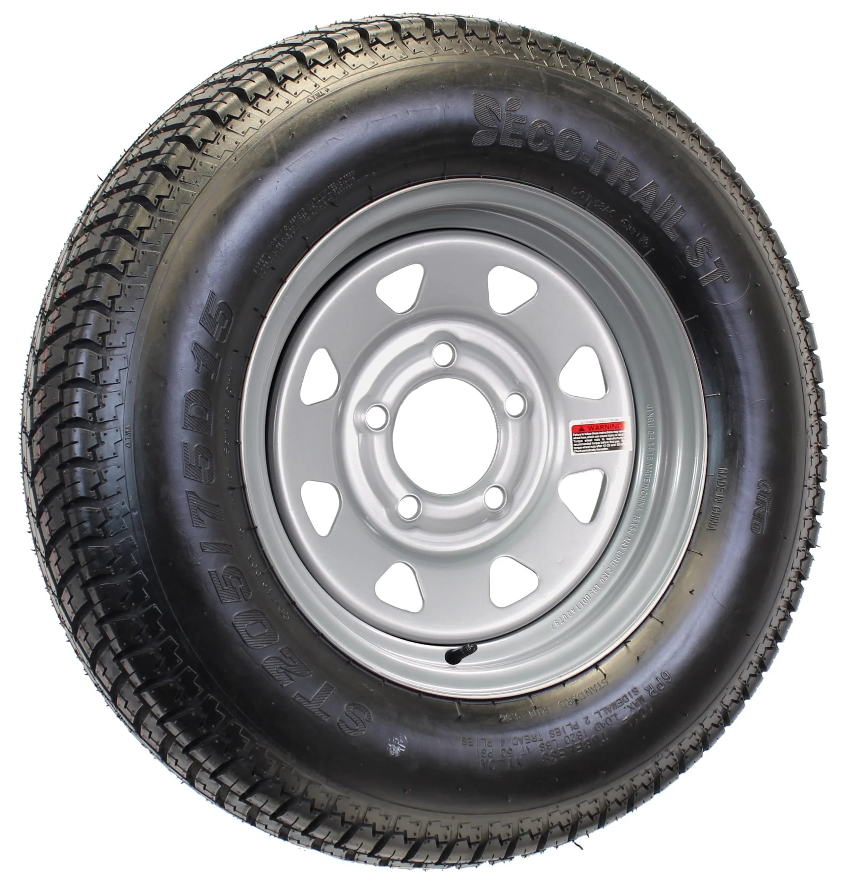 e402a95b46f3587d593635d6ddf901c6a98572b6da0a97b7c7037f8a39932949.webp 2 - Pack Trailer Tire on Silver Spoke Rim ST205/75D15 Load C 5 Lug 4.5" 15x5 Wheel - Image 1