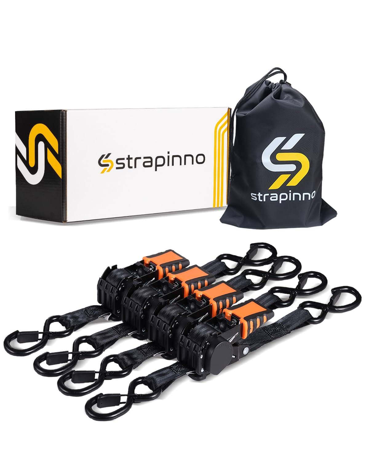 e44a318a38c80a798d216086da780c837ab87b1889803761df264508665b2324.jpg Strapinno 4pcs Retractable Ratchet Straps Bundle 1 in x 6 ft, Secure Tie-Downs with Rubber-Coated Steel Handles, S-Hooks & Durable Hardware for - Image 1