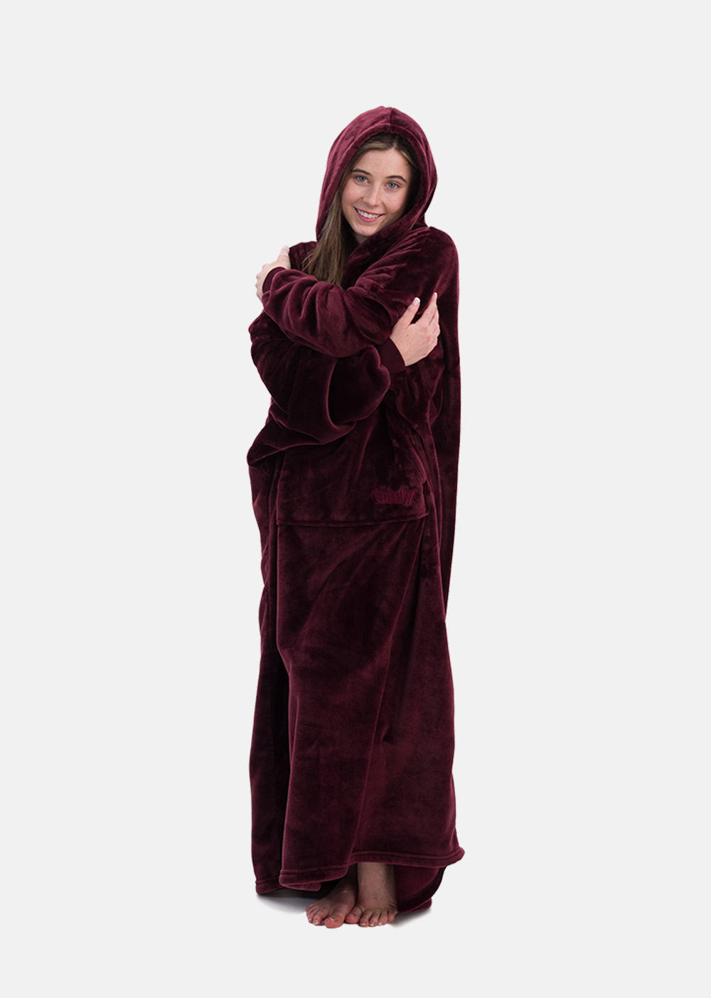 e4520cf61d192b111bc9f69855649fe9222cf75580cbd5a4475fa8e49d65dfea.jpg The Comfy Dream Long, Lightweight Floor Lenght Microfiber Fleece Wearable Blanket, One Size Fits All, Burgundy - Image 1
