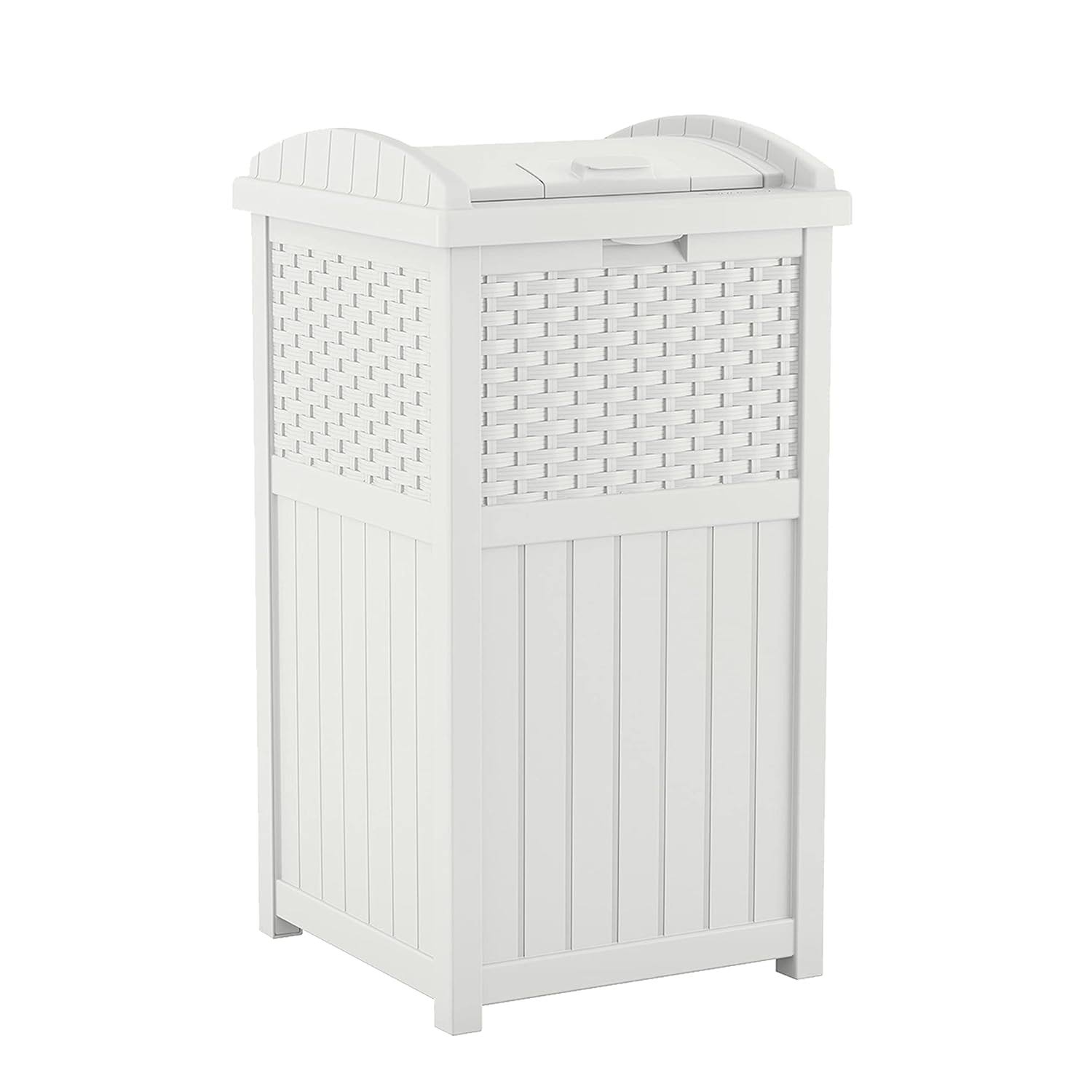 e4707af1ebc6c82d5f5094a233300ca81b49e94c1c239426c8cbbaf3634c5541.jpg Suncast Wicker Resin Outdoor Hideaway Trash Can Bin with Latching Lid White - Image 1