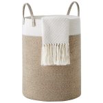 Cotton Rope Laundry Hamper by YOUDENOVA, 58L - Woven Collapsible Laundry Basket - Clothes Storage Basket for Blankets, Brown & White