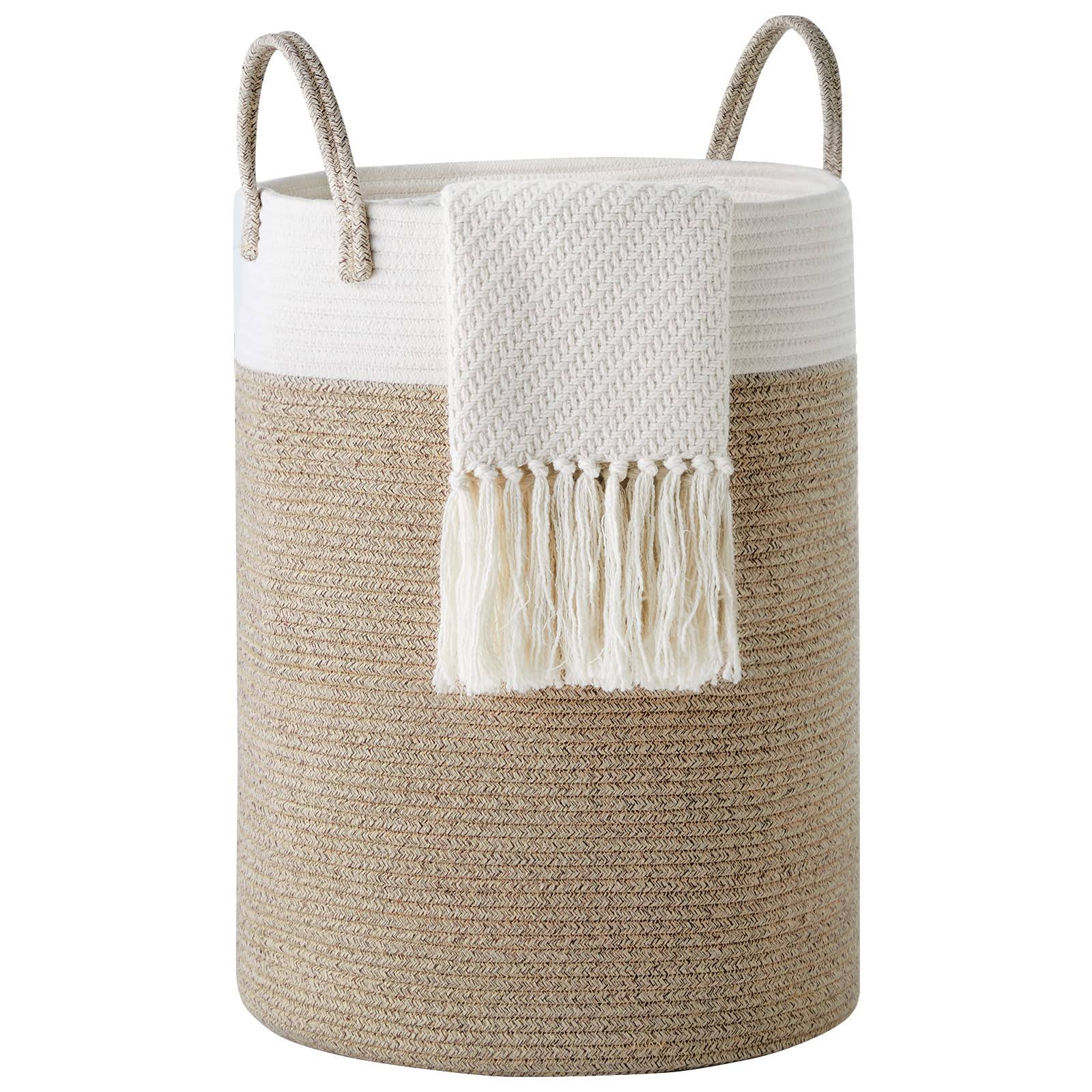 e4a164994ecceb6ba79b56a088155910f2ab618b1baeba84f307d0b0fe3022ac.jpg Cotton Rope Laundry Hamper by YOUDENOVA, 58L - Woven Collapsible Laundry Basket - Clothes Storage Basket for Blankets, Brown & White - Image 1