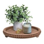 HPC Dec R Our Happy Place HPC Decor 12in Round Tray for Home Decor- Brown Wood Beaded Tray- Decorative Round Tray for Coffee Table- Farmhouse Tray CE