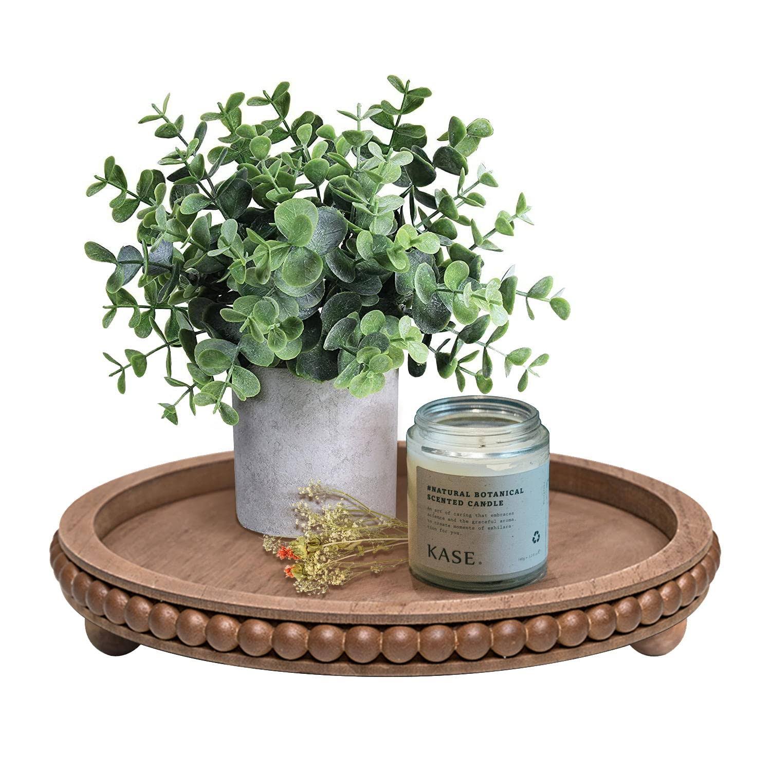 e4a851cf56db0e0d5b65d103133c6bbd3470e662faa933a676fabbb0d54bce71.jpg HPC Dec R Our Happy Place HPC Decor 12in Round Tray for Home Decor- Brown Wood Beaded Tray- Decorative Round Tray for Coffee Table- Farmhouse Tray CE - Image 1