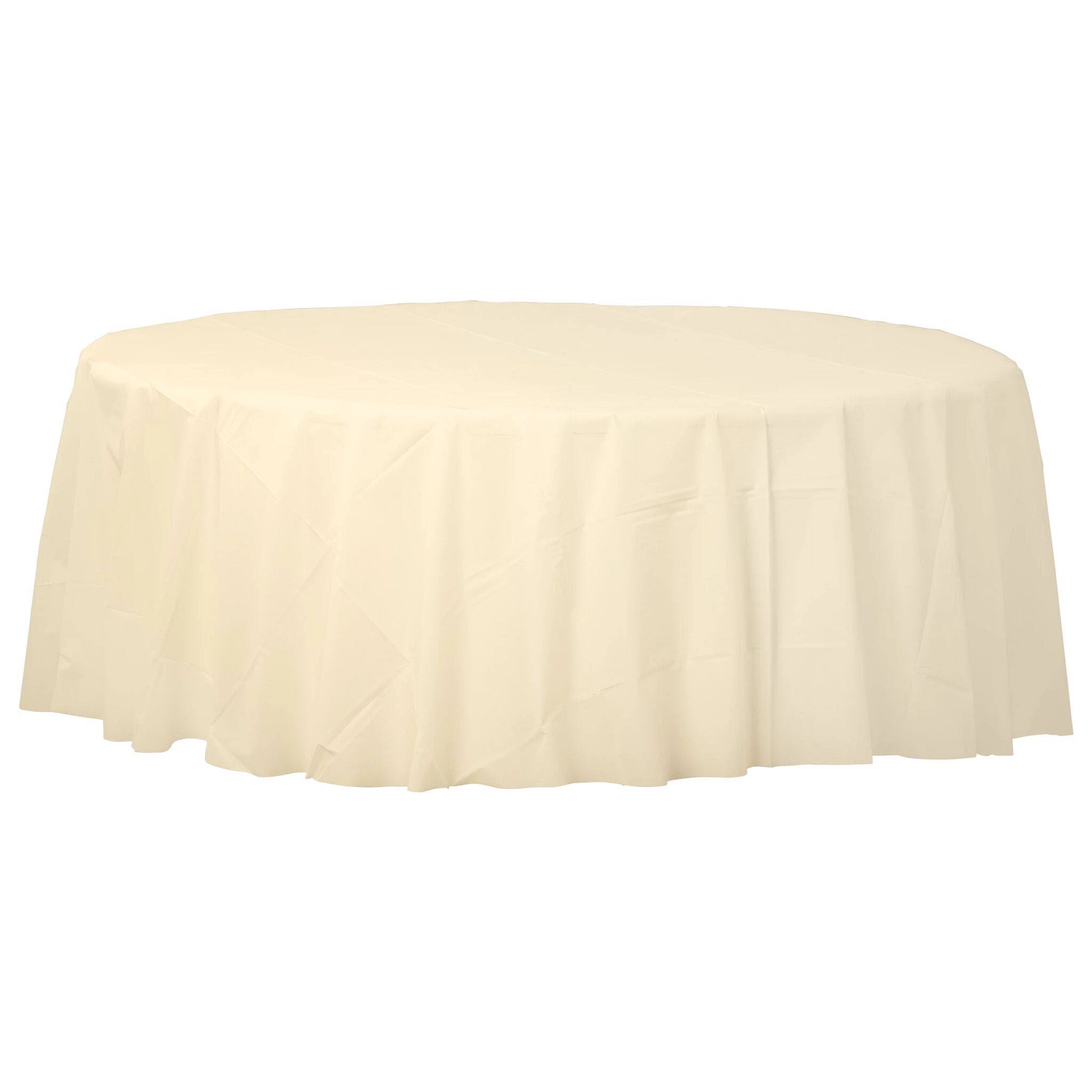 e4cb029f00e531af5c78a5d3a026e43bf73858a95320a56c70669971b2b81dc7.jpg Amscan Vanilla Cream Round Plastic Table Cover, 84in Vanilla | Party - Image 1