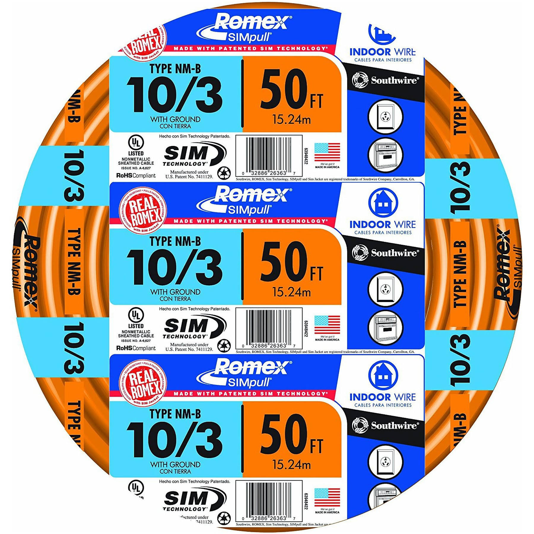 e5331e229e0ab8535f90b19bb98f1d41d79a35e32159c39940593d2480c21fc6.jpg Southwire 10-3Nm-Wgx50 Nonmetallic Building Cable, Orange, 50' - Image 1