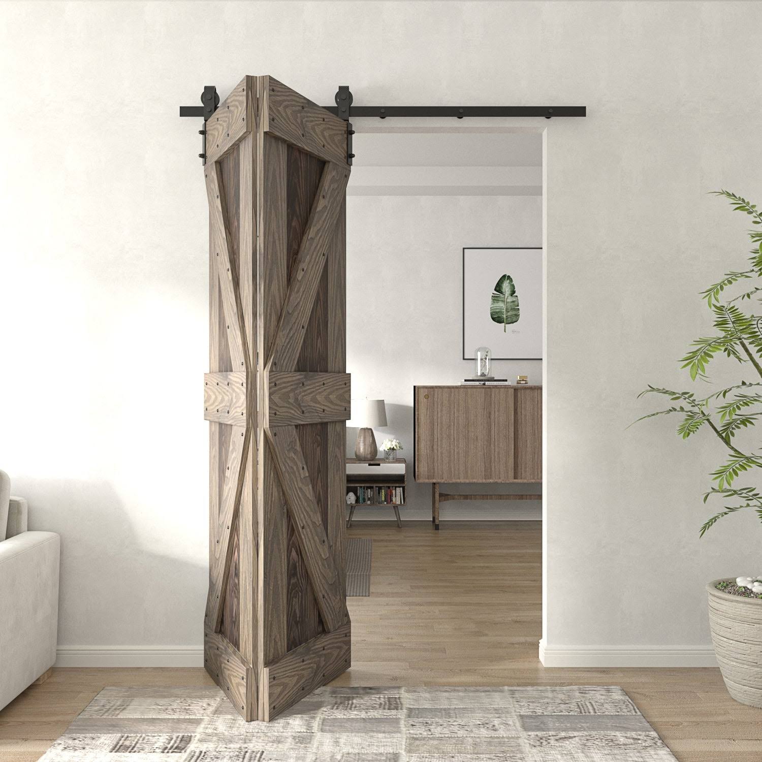 e537d6a1f9f0fa7f6f91b780ef46e2addb6a6358516877c2c9c9e6c404662268.jpg Coast Sequoia Embossing Bi-Fold Barn Door with Sliding Hardware Kit Coast Sequoia Size: 30" x 84", Finish: Kona Coffee/Smoky Gray - Image 1