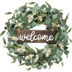 Sggvecsy Green Eucalyptus Wreath with Welcome Sign 20in Artificial Eucalyptus Wreath Spring Summer Wreath with White Berries for Front Door Wall