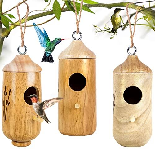 e55b475a110700cff3e7b773e0e0b7535085acb234068642859f42a53ff7f11f.jpg Humming Bird Houses for Outside Hanging Wooden Hummingbird Nest for Garden 3Pack - Image 1