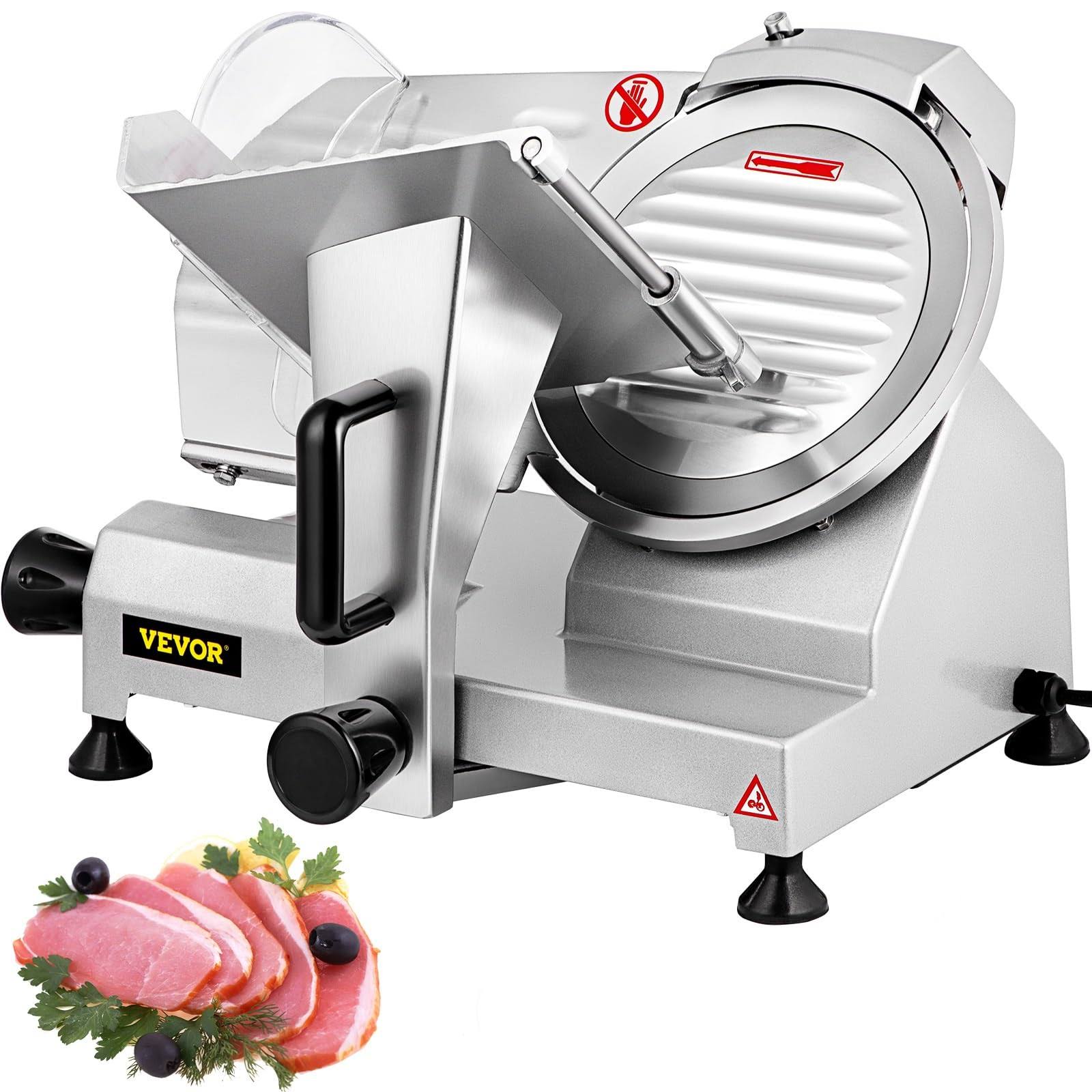 e57470217ead868ce41a2a588f5173014824dd477174e3ba836c6a133fab1df6.jpg VEVOR Commercial Meat Slicer, 240W Electric Deli Food Slicer, 1200RPM Meat Slicer with 8'' Chromium-Plated Steel Blade, 0-12mm - Image 1