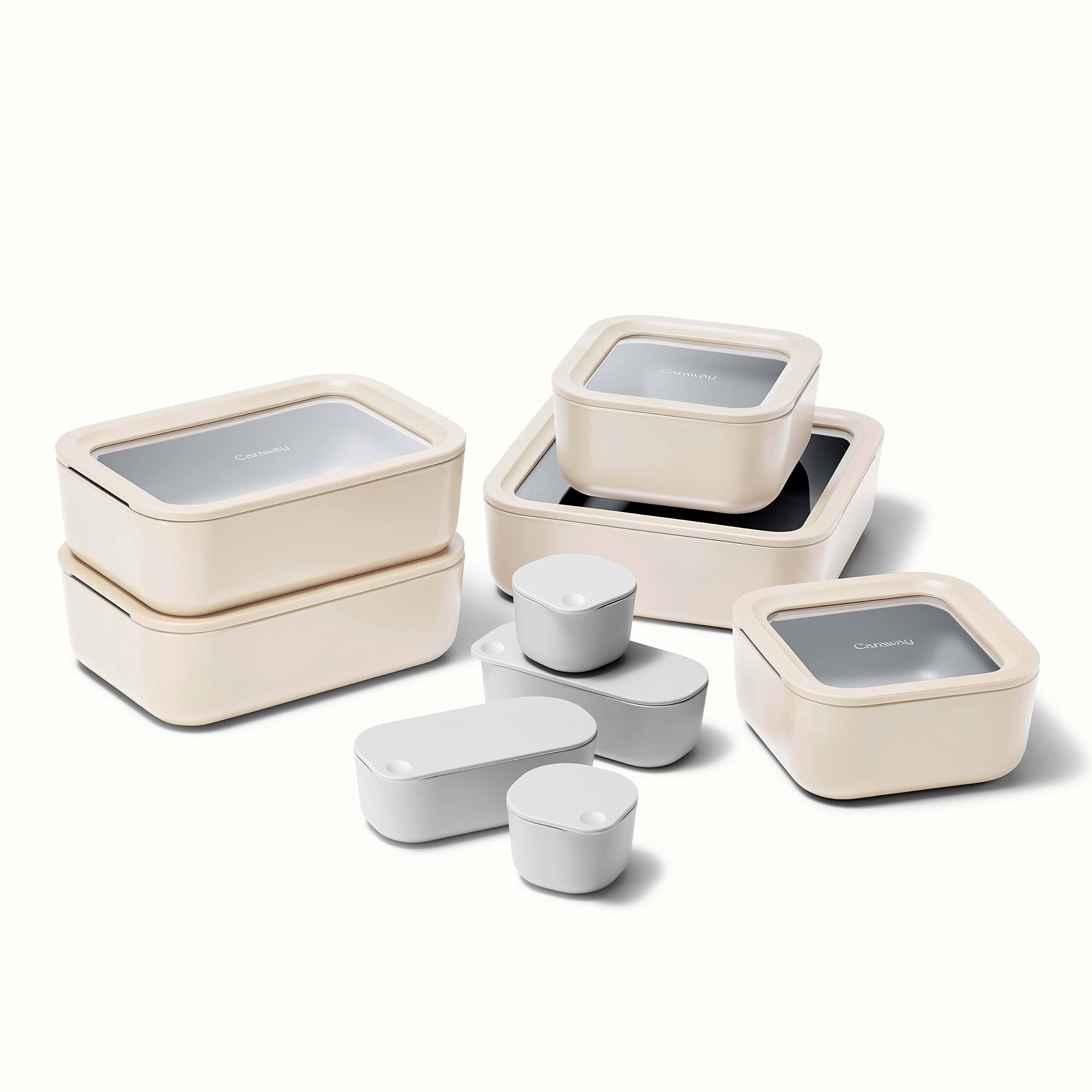 e581ef44a908f0789816c05e53a723a6f943456fa8cf5ad545a00083aa2d7067.jpg Caraway 14 Piece Glass Food Storage Set - Cream - Image 1