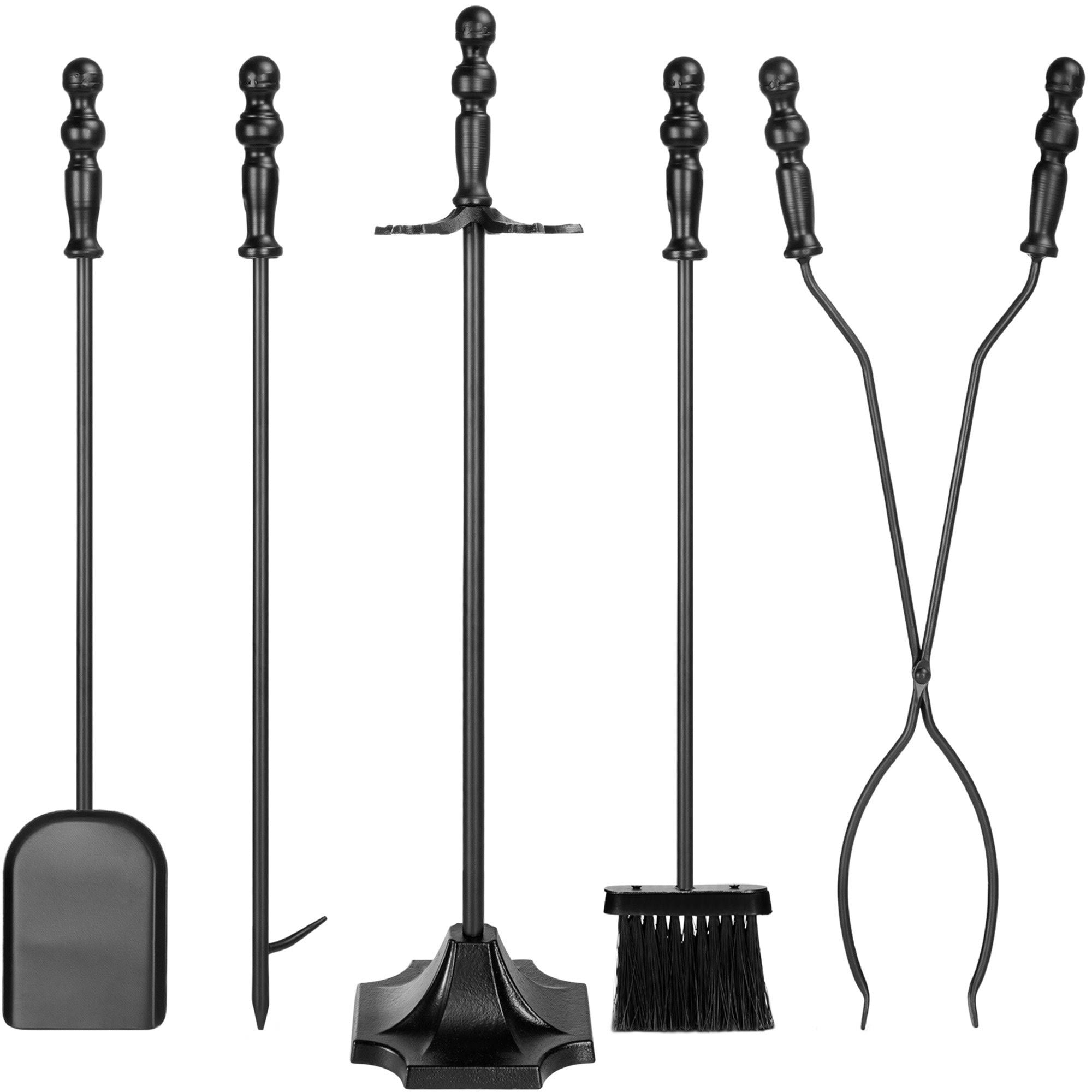 e661abf41e5e0ccb0e55196889561293d5fadb2484a61e2813428aa0f1146266.jpg Best Choice Products 5 Piece Indoor Outdoor Fireplace Iron Tool Set w/ Tongs, Poker, Broom, Shovel, Stand Black - Image 1