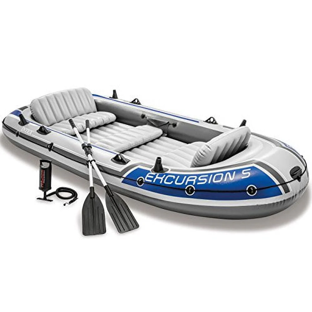 e67eb00ca8f2eaf73e6d63419d7f0482f08b2f370fef33f09c4fe39c024e2434.webp Intex 68325EP Excursion Inflatable 5 Person Heavy Duty Fishing Boat Raft Set with 2 Aluminum Oars & High Output Air Pump for Lakes & Mild Rivers, Gray - Image 1