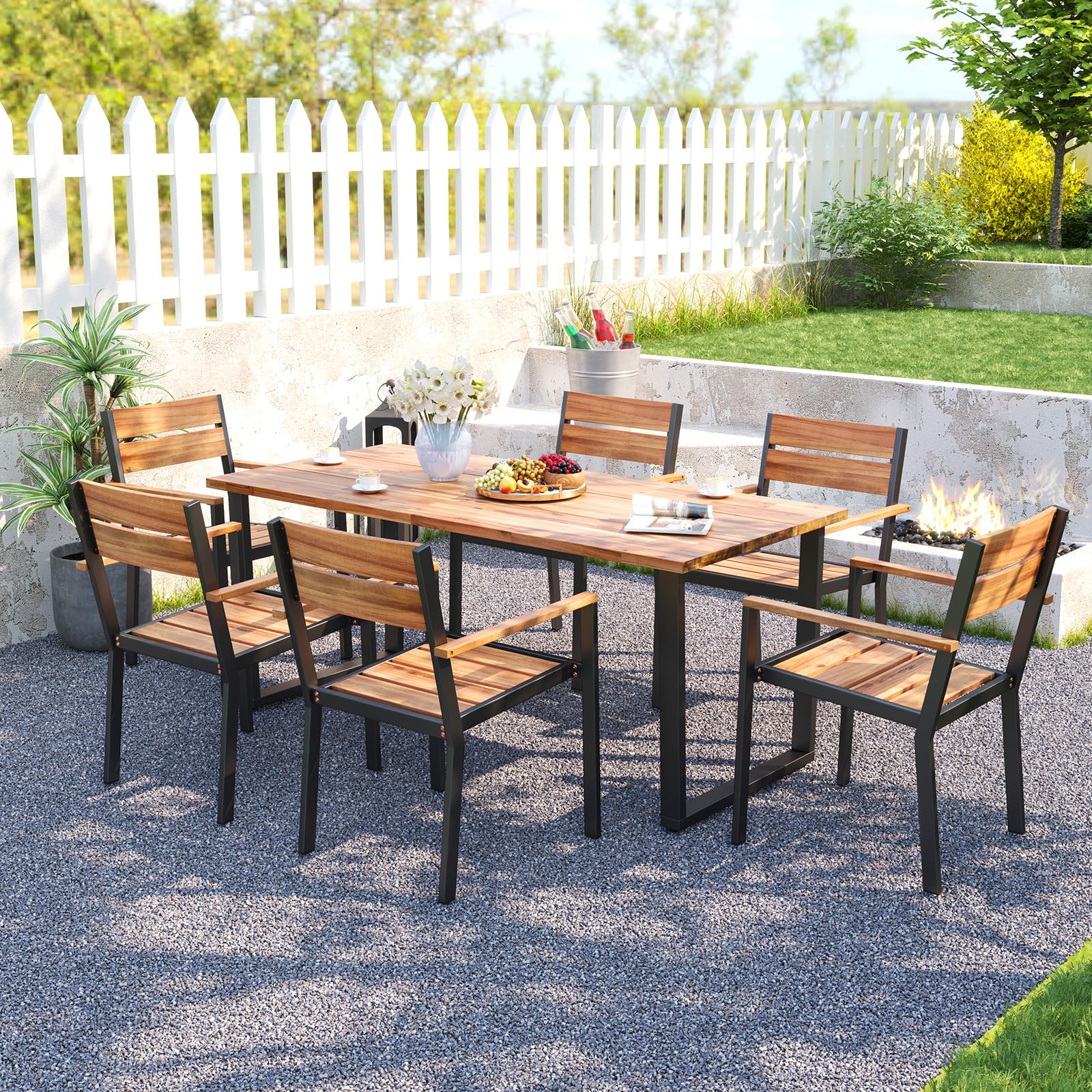 e6a7c7a1a9c162e1dd1099a5765a2f3e00c2a673b5efc5aa51c97f8aaeaba496.jpg 7 Pcs Metal Frame Outdoor Patio Dining Set - 69" Rectangular Acacia Wood Table with 6 Stackable Chairs, 2" Umbrella Hole - Image 1