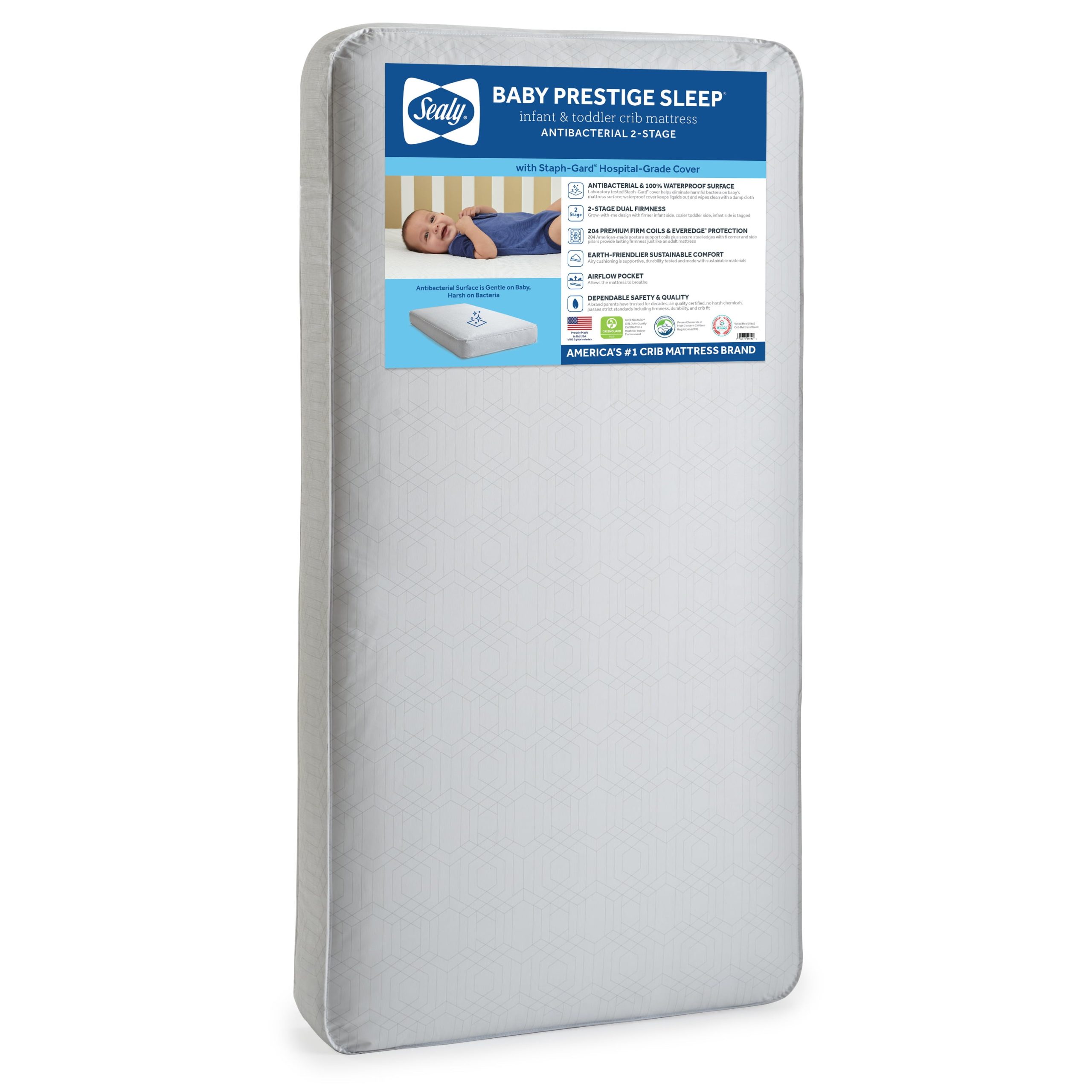 e6fc2217e2344afe2db57cd0d7be928634bbffb2bd1a0cff58f761760e2d1dd3.jpg Baby Prestige Sleep Ultra-Premium 2-Stage Antibacterial. 204 Coil. Crib & Toddler Mattress - Image 1