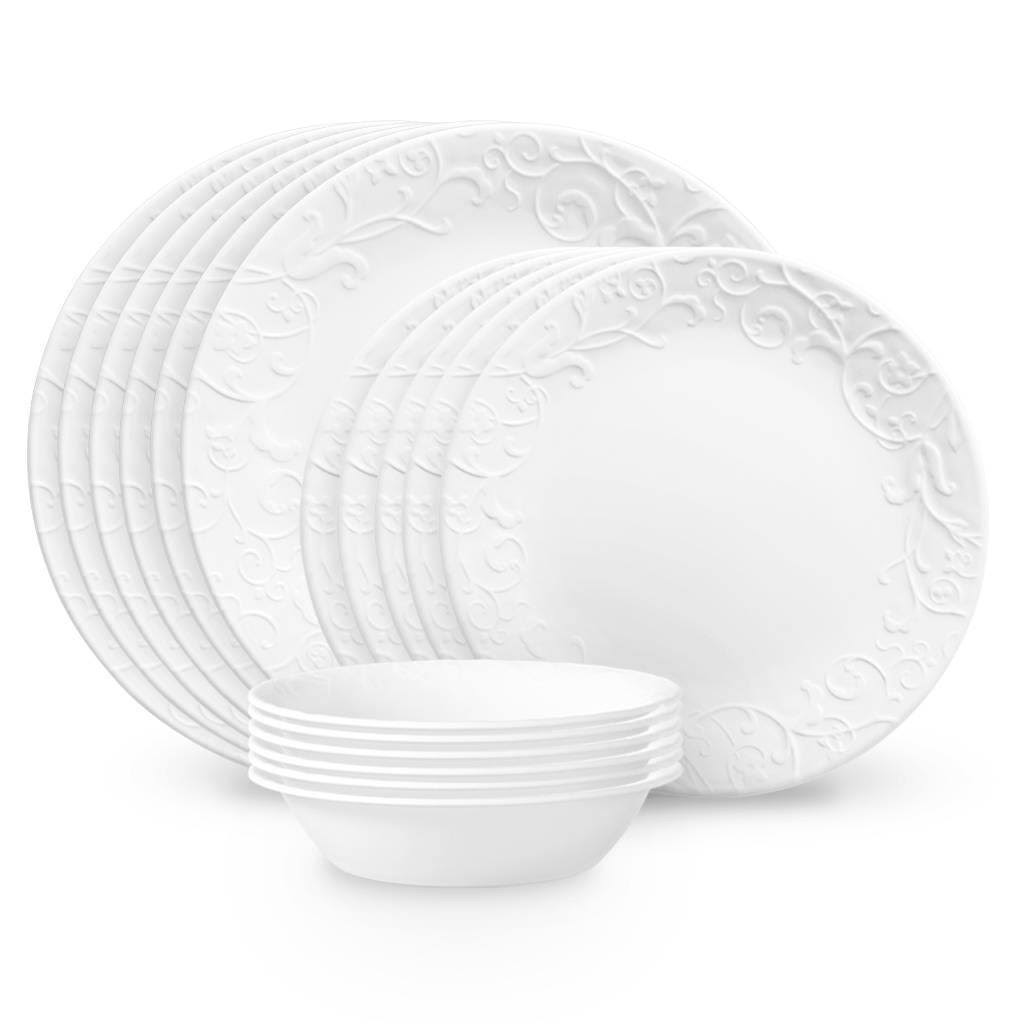 e707c9b93785e6eb9420bd5887b7fbbcbfba1860a2d853c71de969c3e86cd8cc.jpg Corelle 18-Piece Embossed Bella Faenza Vitrelle Dinnerware Set - White - Image 1