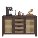 AECOJOY Farmhouse Sideboard Buffet Cabinet with Storage, Rattan Kitchen Cabinet w/Sliding Barn Doors & 4 Drawers