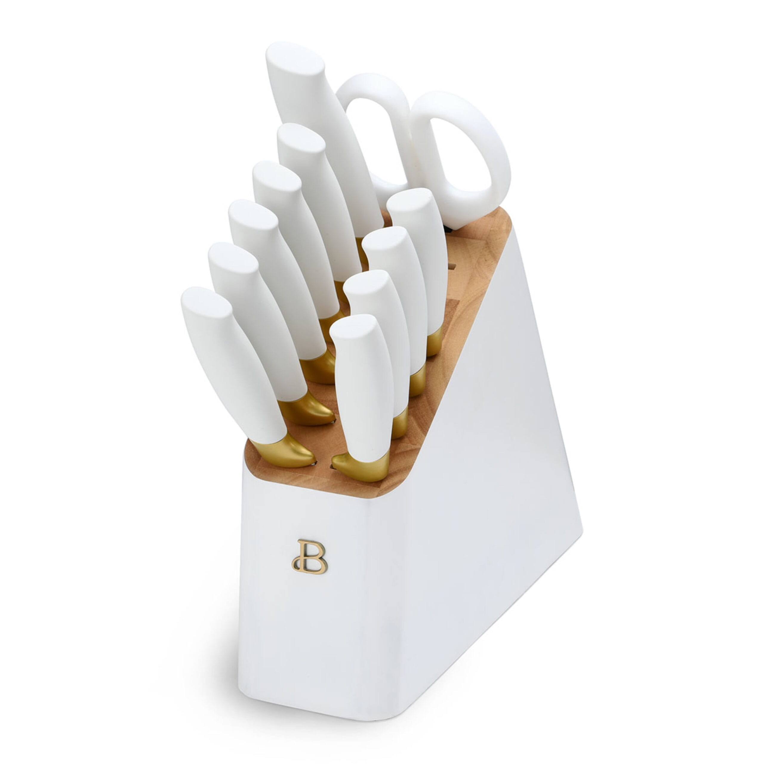 e736289d23739811bff1743d94f6a728fd714d96c0a93318ee03c00bf2780e63.jpg Beautiful 12 Piece Knife Block Set with Soft-Grip Ergonomic Handles White and Gold by Drew Barrymore - Image 1