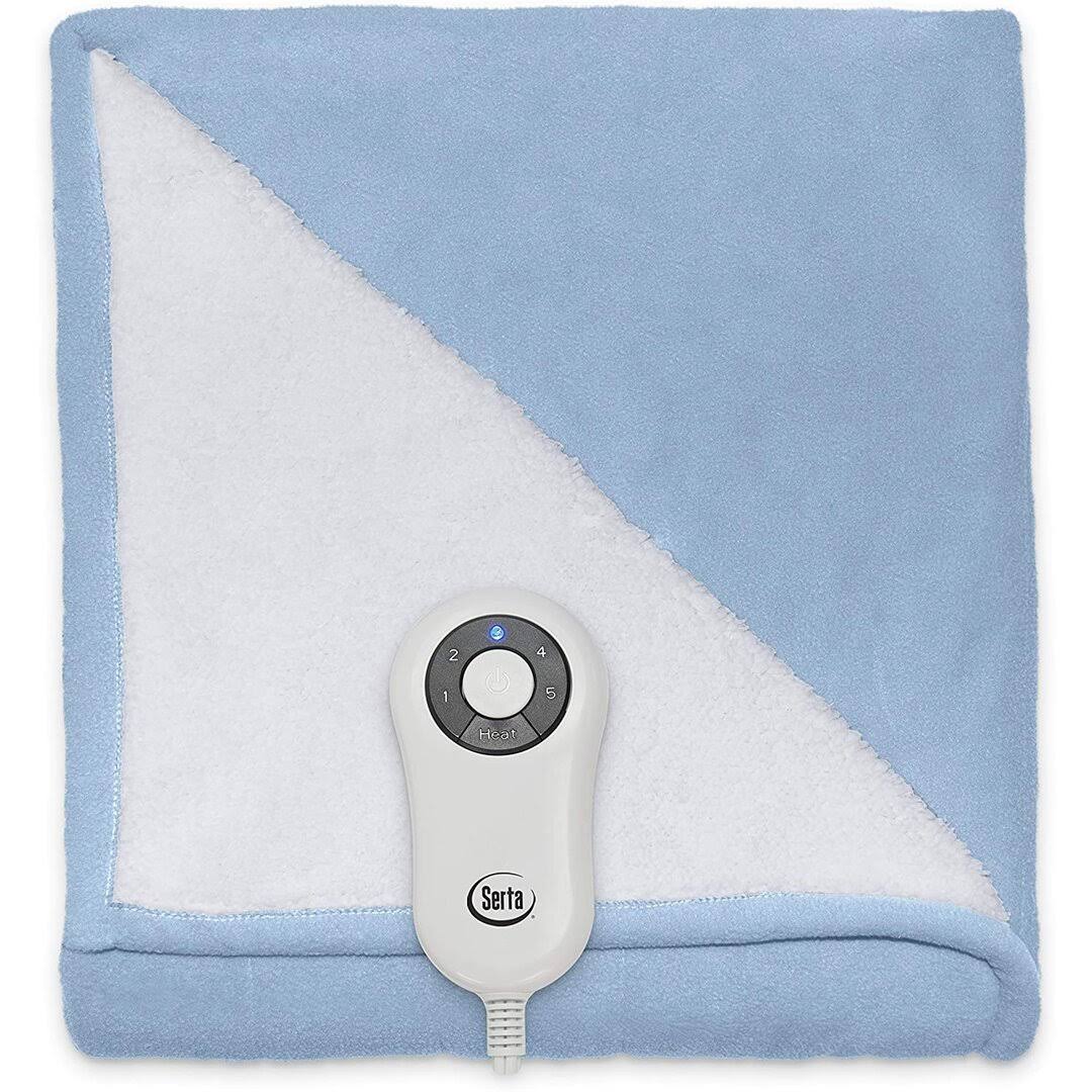 e741f466e369969289b47f06b17ce1595c966684c7b7fb00f3489546531fe698.jpg Serta Reversible Sherpa/Fleece Heated Electric Throw Blanket Slate Blue - Image 1
