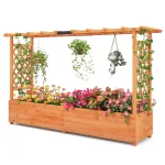 Raised Garden Bed with Trellis & Hanging Roof, 79" Freestanding Wood Planter Box with Drainage Holes for Flower Climbing Plants, Vines, Herbs