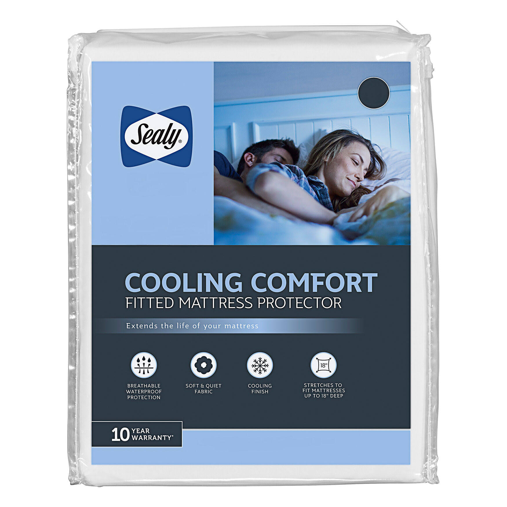 e828f9385715cf676a99237595ea3890058efe2466f4ab998479442af744acf0.jpg Sealy Cooling Comfort Fitted Mattress Protector - White - Queen - Image 1