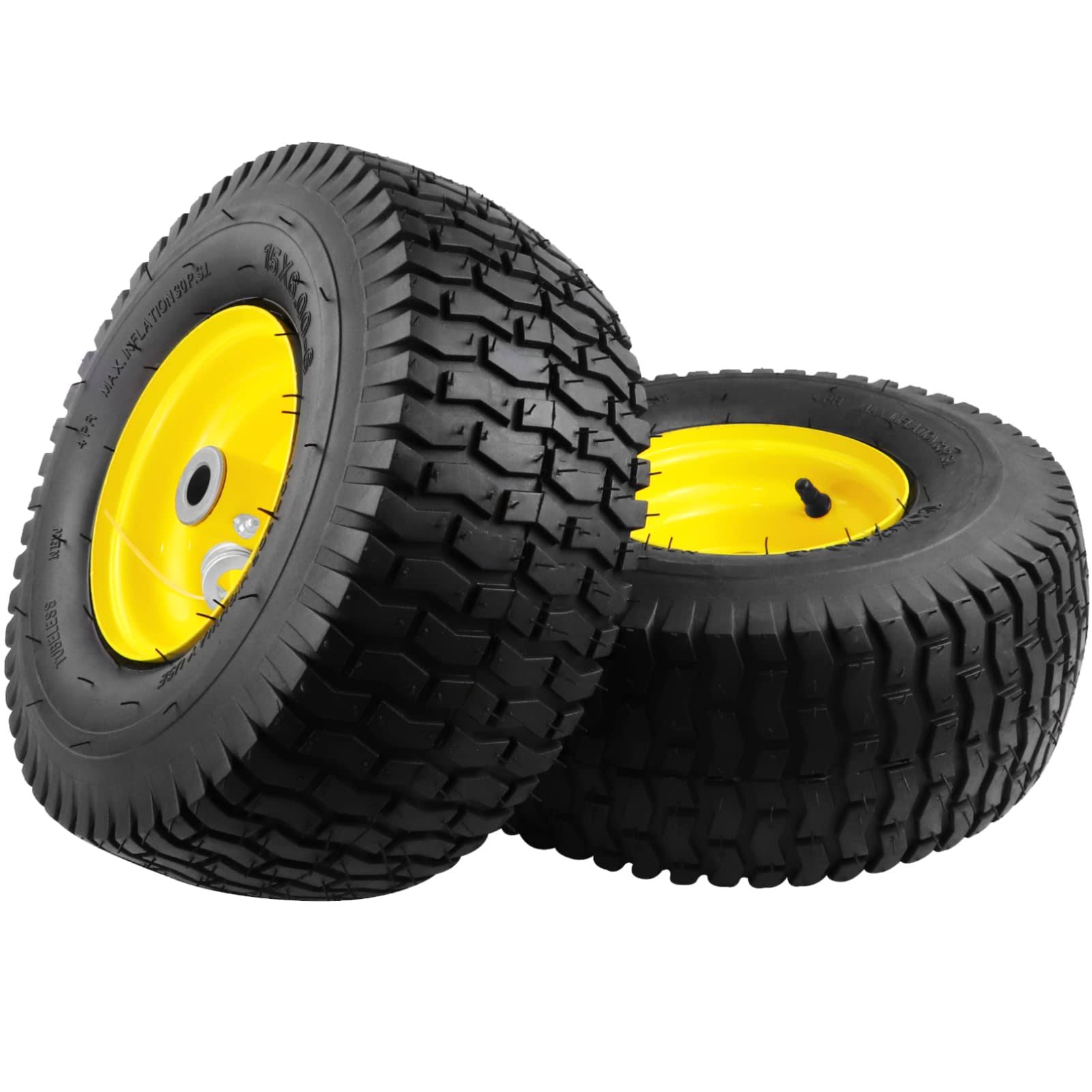e83f2a784873974979c6a592a8caea455561c633948e04a87be72006bf5a035e.jpg 2pcs 15x6.00-6 Lawn Mower Tires,15x6-6 Front Tire Assembly Replacement for Craftsman/John Deere/Cub Cadet Riding Mowers,4 Ply Tubeless,570lbs - Image 1