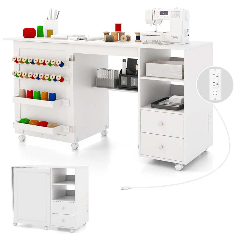 e8470d6398f91f042843048f4507556746cf7b7d162022fdcf0142f50fc20757.webp Folding Sewing Machine Table with Charging Station, Rolling Sewing Cabinet Craft Table with Storage Shelves, Drawers, 18 Pegs, 2 Trays - Image 1