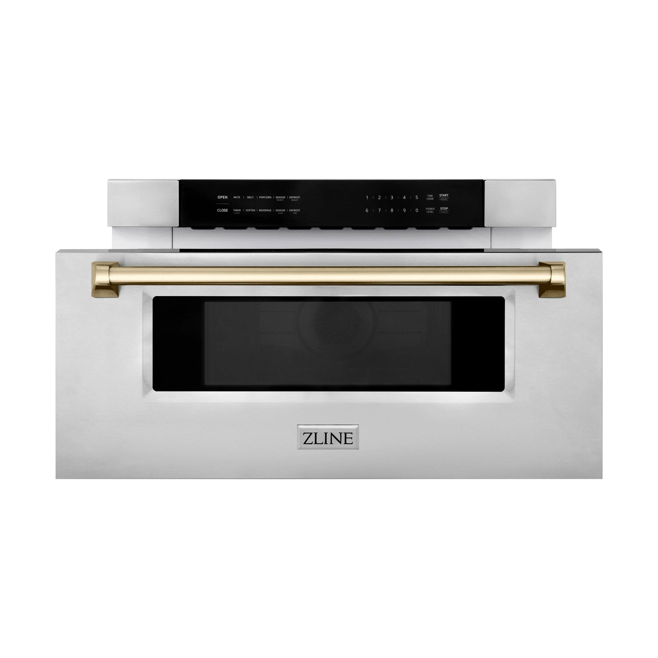 e8561e80343de5966995a76bbacf8dc25c9e64e64707a33ae4aae1cfb49a485d.jpg ZLINE Autograph Edition 30" 1.2 Cu. ft. Built-In Microwave Drawer Stainless Steel with Gold Accents - Image 1
