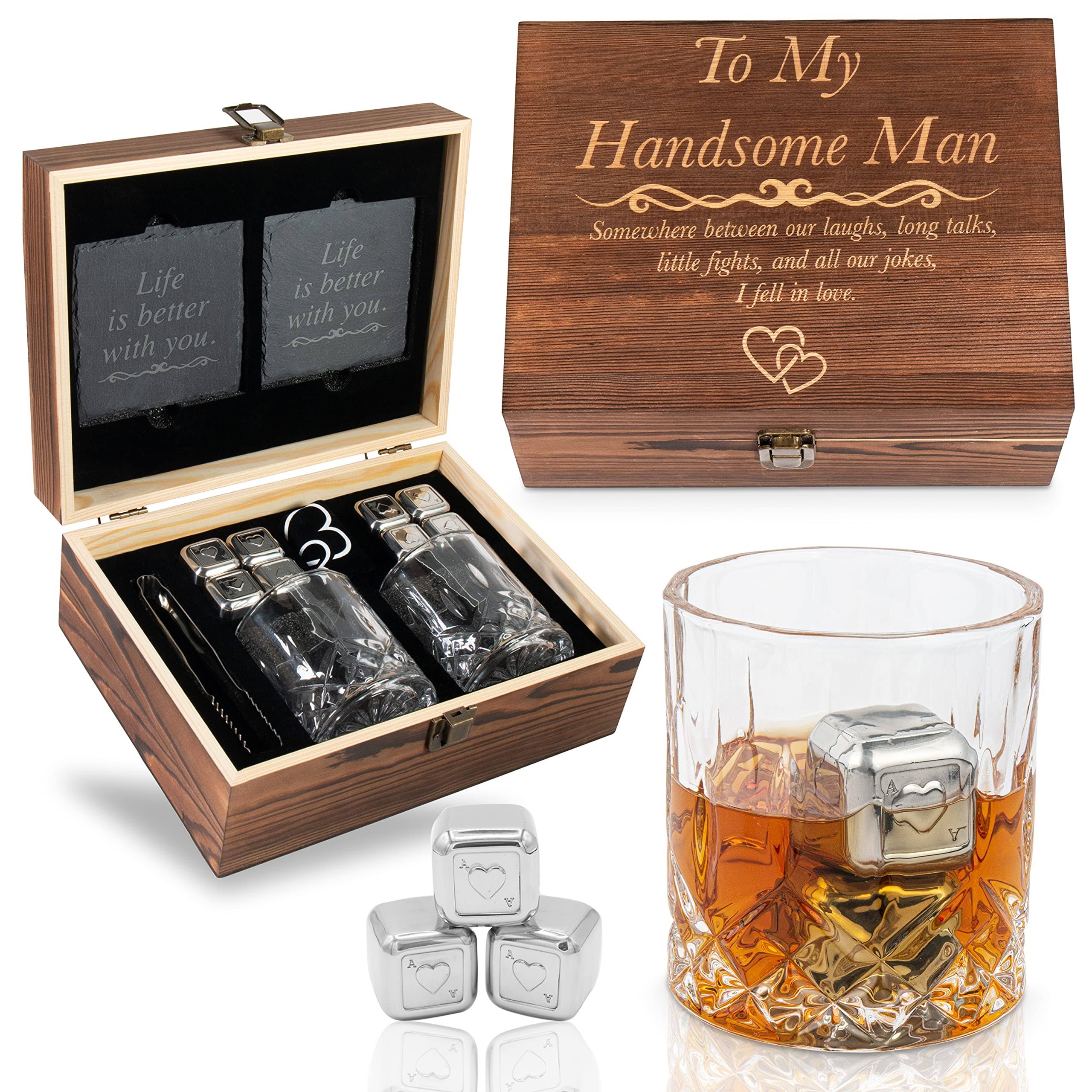 e866b1374099fff4e95963061f01bef1aafb4d64521a080e38dd1db0fade1c5d.jpg Greencor AnniversaryGifts for Him | Boyfriend | Fiance | Men | Husband - Whiskey Glass Set Engraved 'To My Handsome Man Gifts for Birthday | Christmas - Image 1