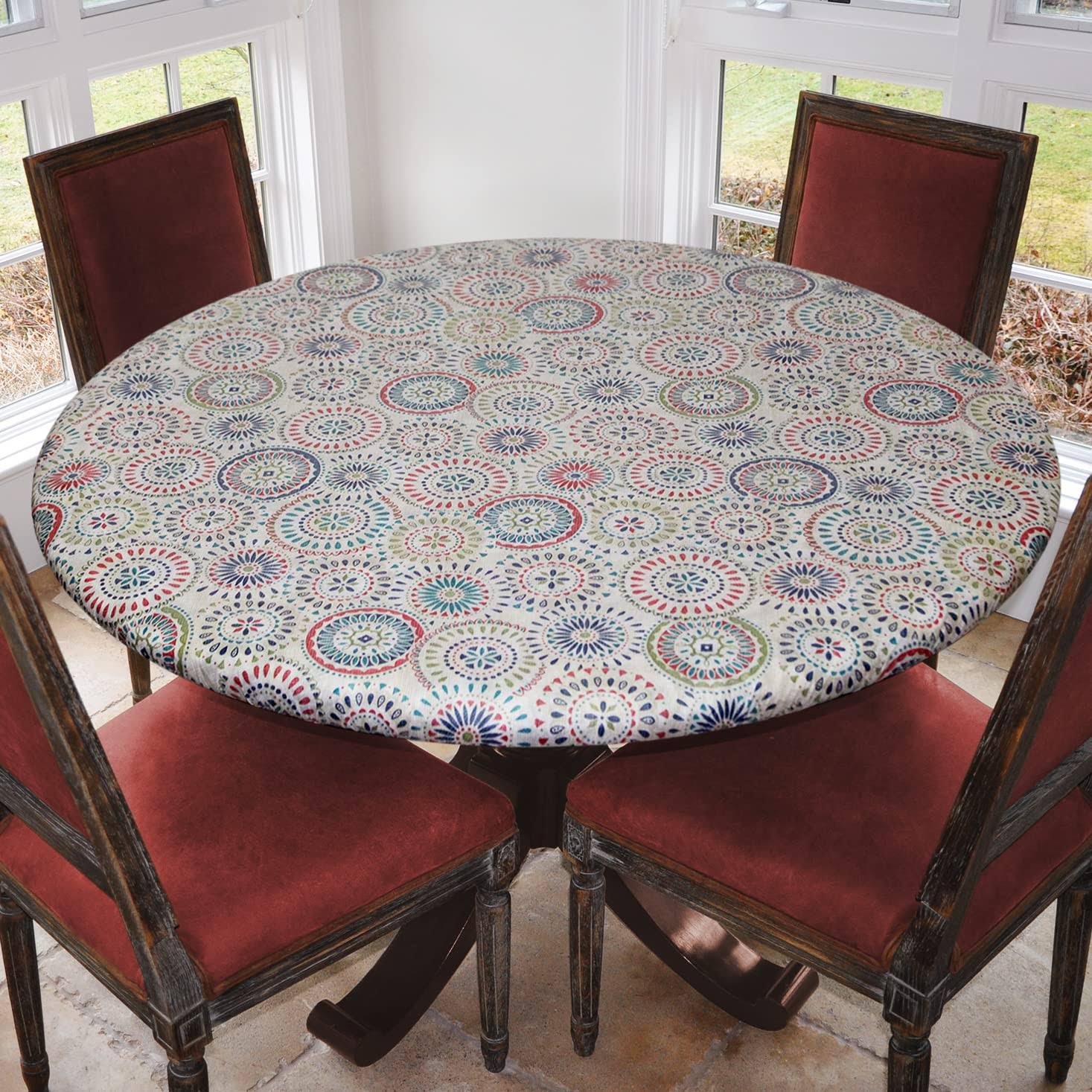 e8a42a7a9ef42d8fb8f1e4830694a61d8cfec52ee41ad94a1c96d30d8a171800.jpg Covers for The Home Elastic Edged Flannel Backed Vinyl Fitted Table Cover - Multi-Color Geometric Pattern - Large Round - Fits T - Image 1