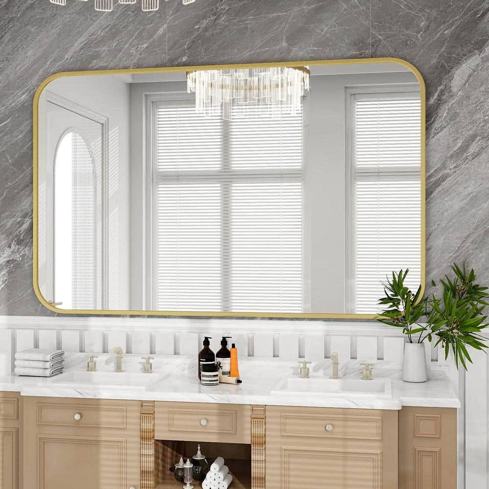 e8c8403ecc5f1313089c73977fdf13d085c4a6e894e491bbac93b1480d05b4ff.jpg 30 in. W x 48 in. H Rectangular Modern Aluminum Alloy Framed Rounded Gold Wall Mirror - Image 1