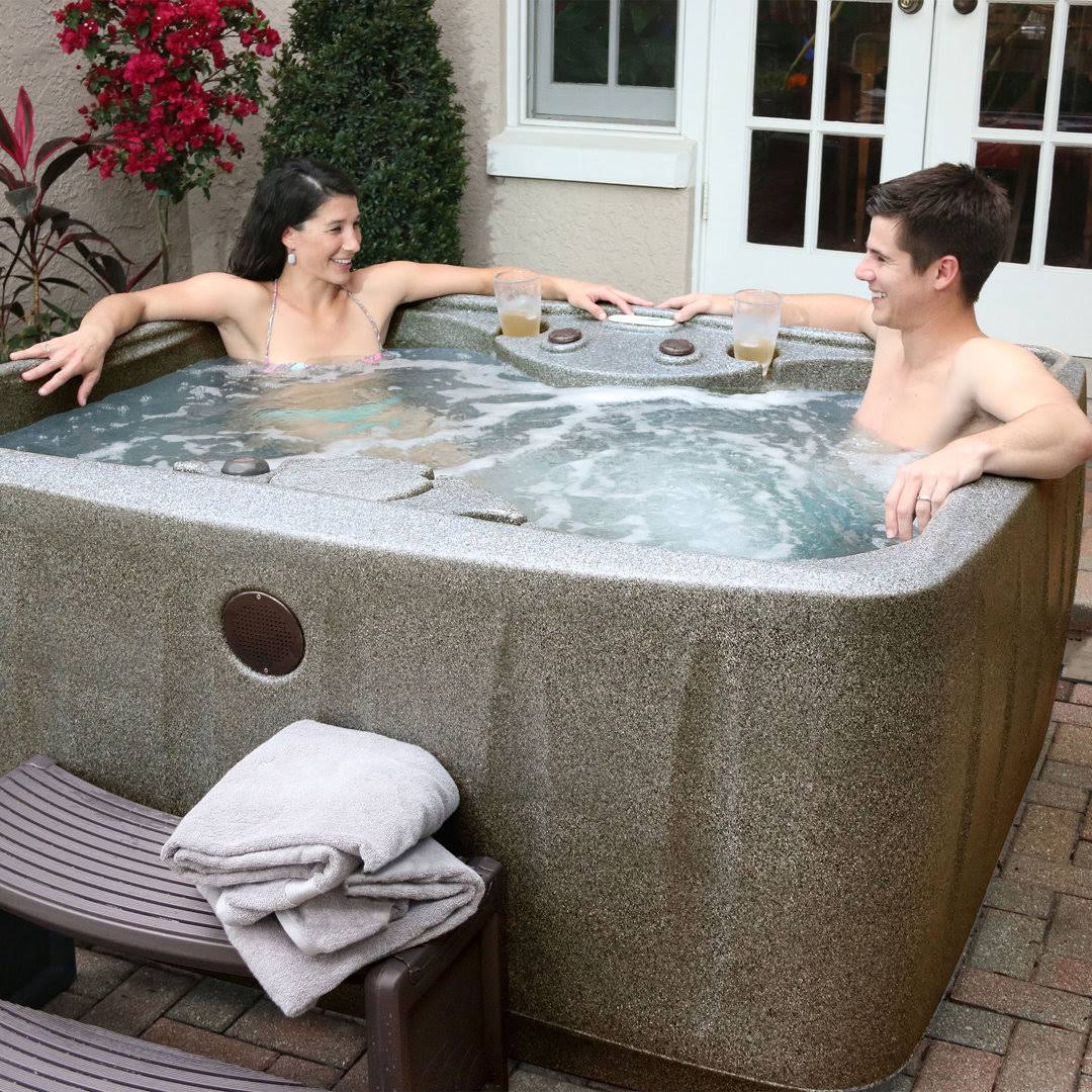 e8cff1242fd1d96fbfef1aa5954a35591b71495799b4a41d14c4f63adb0f18d4.jpg AquaRest Spas Powered by Jacuzzi Pumps AR-150 Select 4- Person 12 - Jet- Plug and Play Hot Tub w/LED Waterfall - Brownstone, Size: 120V - Image 1