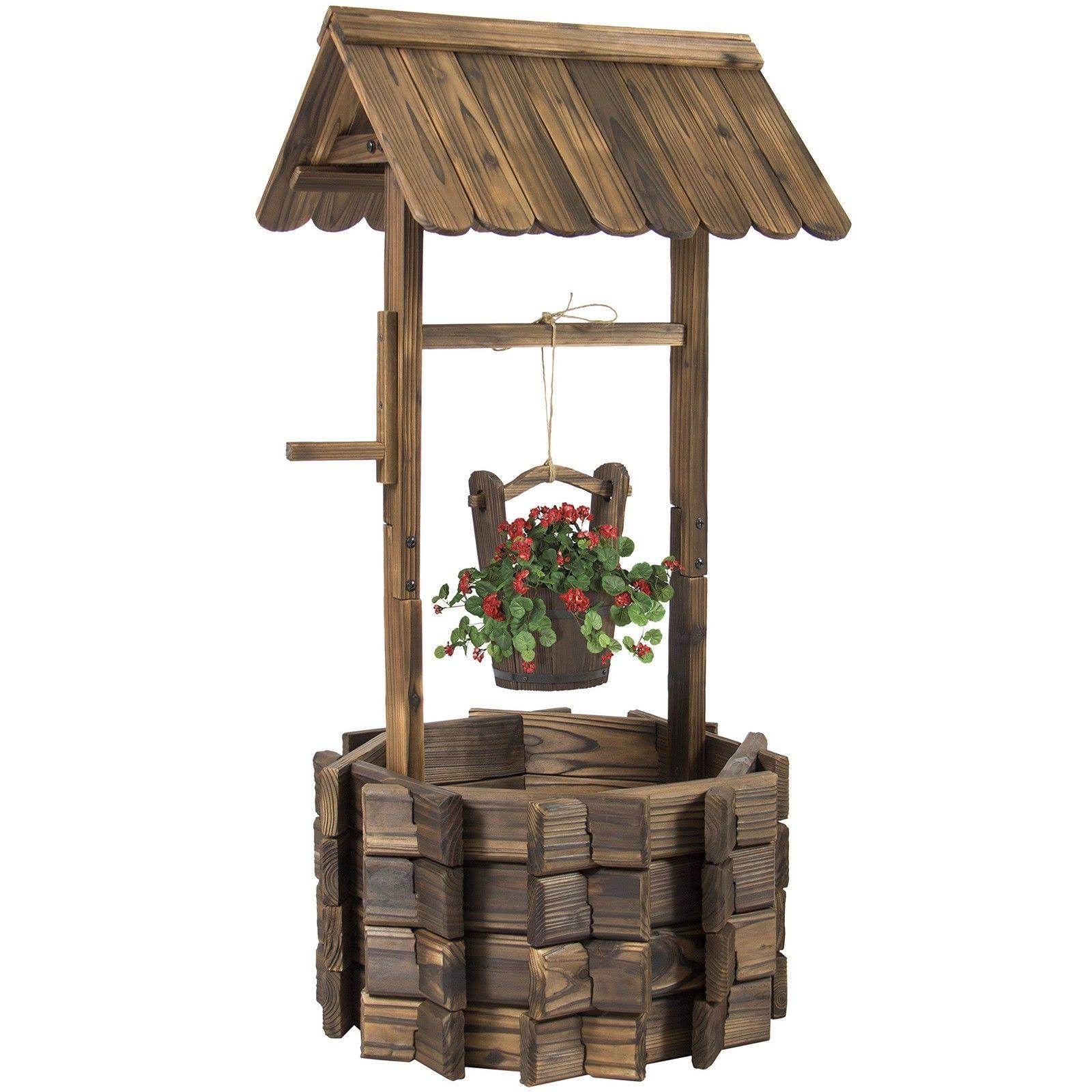 e91a1d3af6476ba1fc439727be34d5adc1e36f5b20feb4758df552d7cbefd60b.jpg Best Choice Products Wooden Wishing Well Bucket Flower Planter Patio Garden Outdoor Home Decor, Brown - Image 1