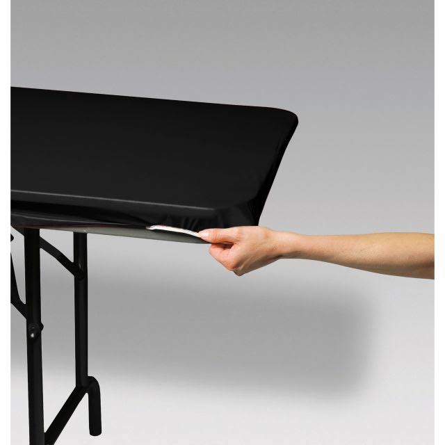 e9358d0213d9e23a42ba827ca012899571ad5307cef9c9e453931104b1b31f83.jpg Black Stay Put Plastic Table Covers 30"x 96" - Image 1