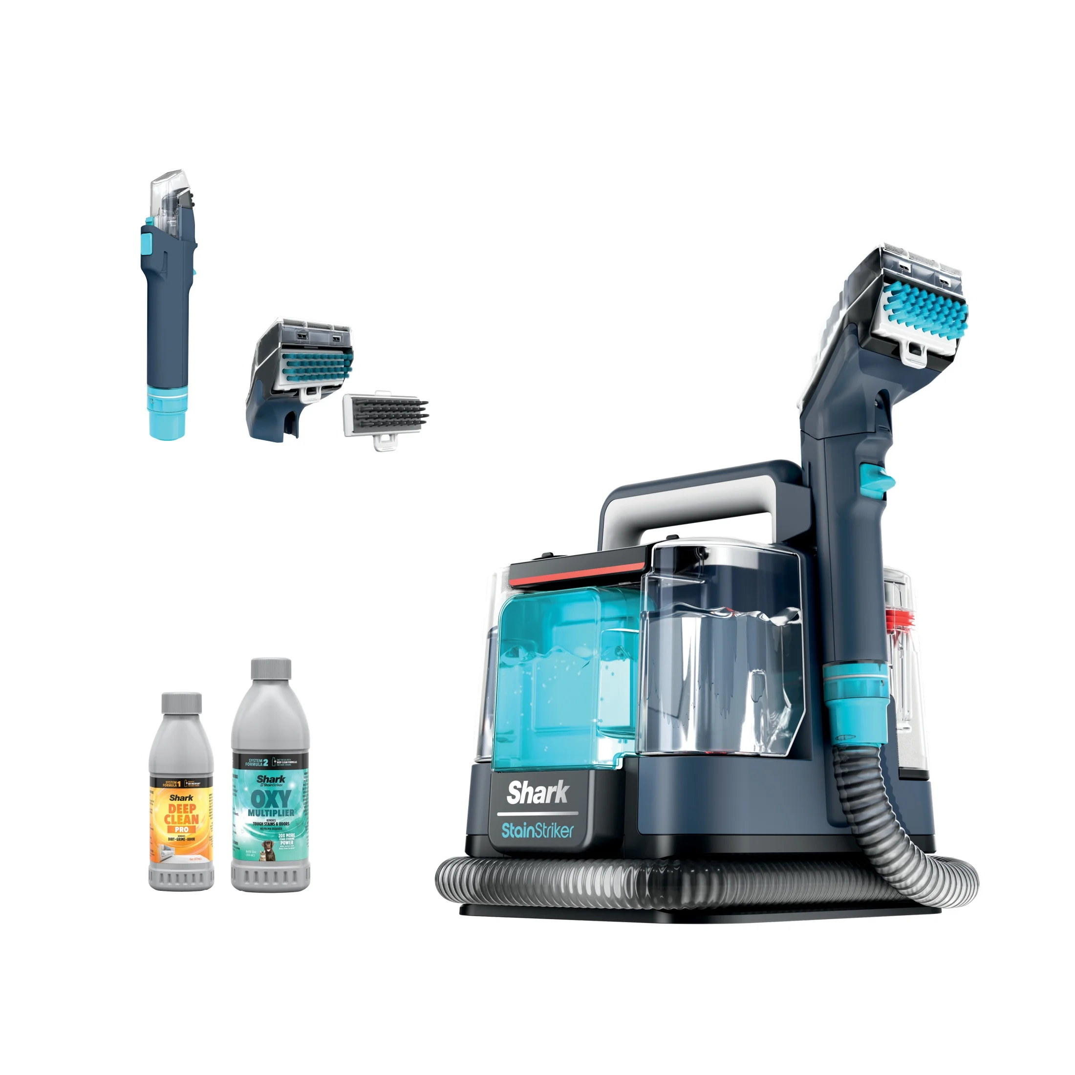Shark Stainstriker Carpet and Upholstery Cleaner, Portable with 2 Tools, 6 oz Deep Clean Pro Formula and 12 oz OXY Multiplier Formula, PX200 Navy/White