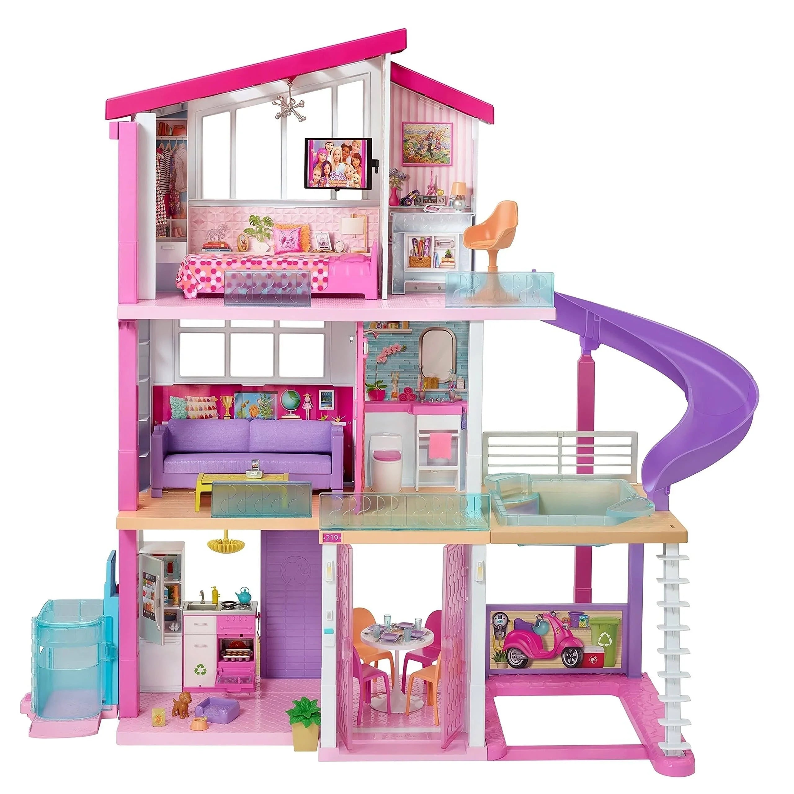 e97b83db491433b0307dd0c042936b9b8ace3943a7899dd06ad11c4f729cdf1d.jpg Barbie Dreamhouse Dollhouse with Wheelchair Accessible Elevator - MadeInUSA - Image 1