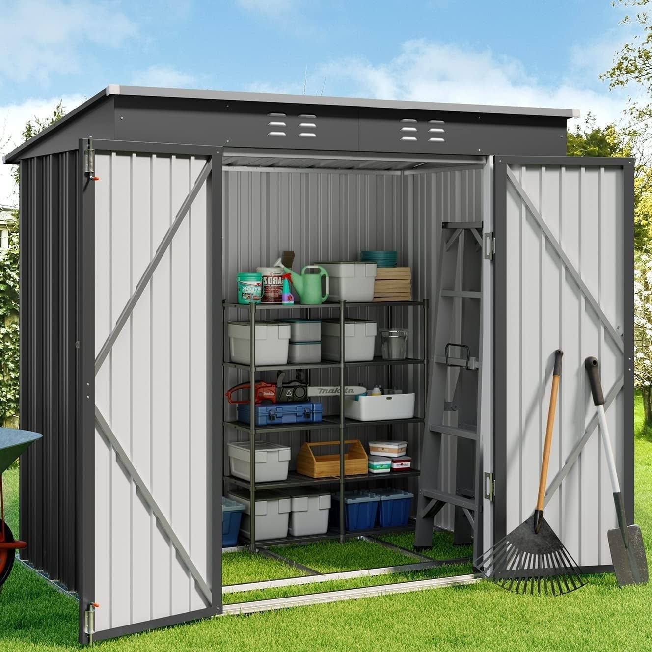 e97e024d653b838853c5a0ecc0e8123dc3e62add8ee68fcdd06e153ce67a04f2-1.jpg Aiho 6' x 4' Metal Outdoor Storage Shed with Double Lockable Doors for Backyard Patio Lawn - Gray - Image 1