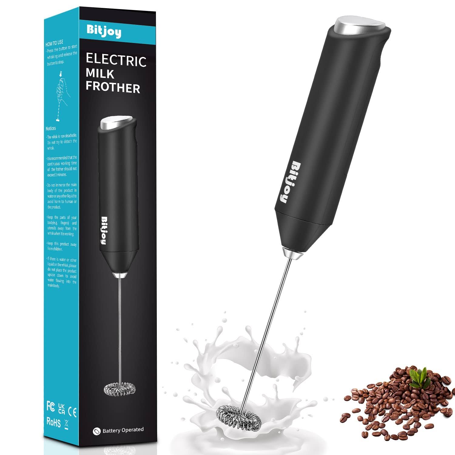 e9c9878d79f4ae80b72c702736a7f84a8b0102e2f07b283fc3a91de23c41b04e.jpg BitJoy Milk Frother Electric Mixer Coffee - Battery Operated Whisk Handheld Drink Stirrer Mixing Wand - Mini Coffee Foam Blender Hand Held for Matcha, - Image 1