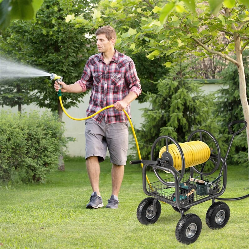 e9dd53657d32d330e323eb29b1685c1129e49464a91a9bf252d37a823136e318.jpg Portable Garden Hose Reel Cart Holds 300FT of 5/8" Large Capacity, Heavy-Duty Metal Hose Cart with 4 Wheels & Storage Basket for Lawn Yard - Image 1