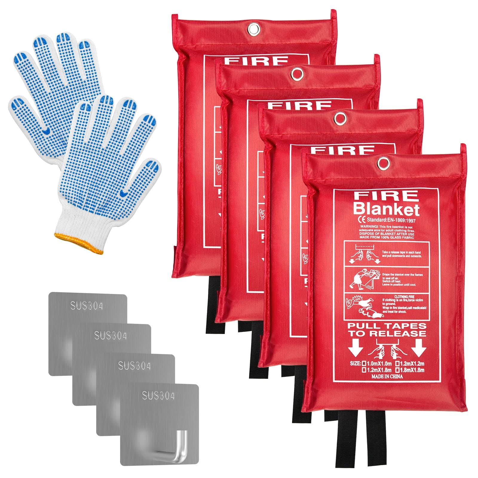 ea006ee1393577726620d29025a082679ce3b5dfa1a49dac109661f6ac185b5d.jpg Emergency Fire Blanket (4 Pack, 40 in x 40 in) + 4 Hooks & 1 Gloves, Fiberglass Fireproof Fire Blanket for Home and Kitchen, Camping, Grill, Car, - Image 1