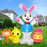 Raymall Easter Inflatables Outdoor Decorations, 5ft Tall Bunny with Chick and Egg Inflatable with LED Lights, Happy Easter Blow Up Yard Decorations
